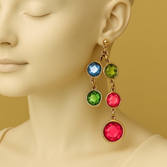 Gold Tone Chain Drop Earrings with Multicolor Crystal Dangles – Women's Jewelry - Picture 1 of 10